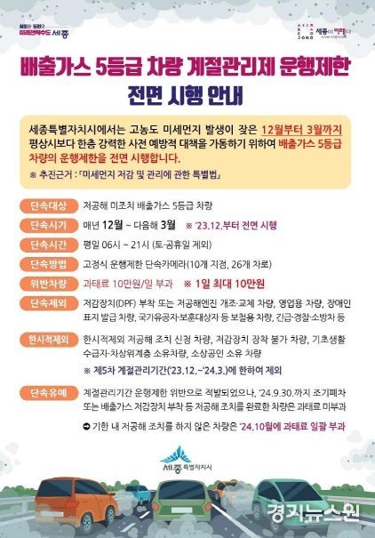 세종시, 내년 3월까지 5등급 차량 운행 제한 전면 시행