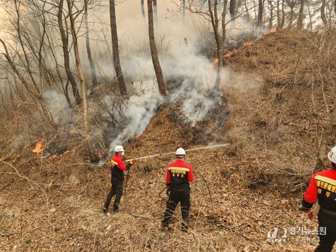 경주시 산불전문예방진화대가 지난 산불 현장에서 진화 작업을 펼치고 있는 모습.