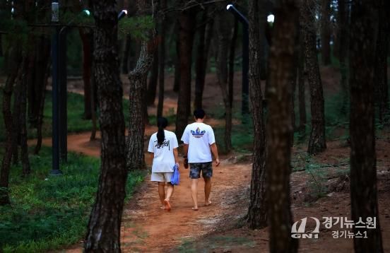 울진군, 단체 관광객에 관광버스 지원-관광객이 월송정 맨발걷기 중