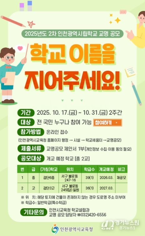 신설 중 ‧고교 2곳 명칭 공모