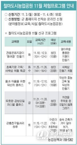 기장군 철마도시농업공원, 11월 체험프로그램 운영