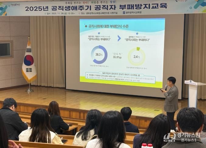 광주시교육청이 28일 광주시교육청교육연수원 시청각실에서 실시한 ‘공직생애주기 공직자 부패방지교육’에서 시교육청 청렴강사로 활동 중인 첨단고 이영식 교감이 강의를 하고 있다.