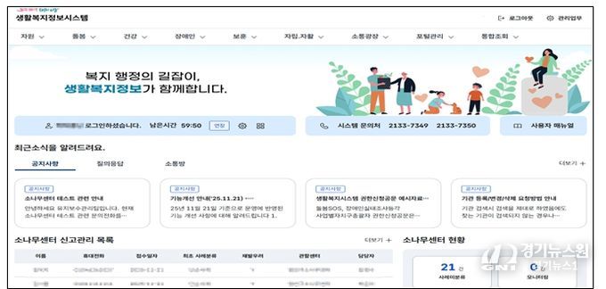 생활복지정보시스템내 메인화면