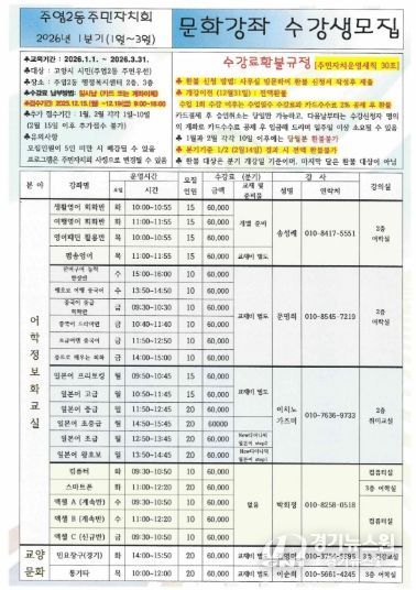 고양시 주엽2동, 2026년 1분기 문화강좌 접수 시작