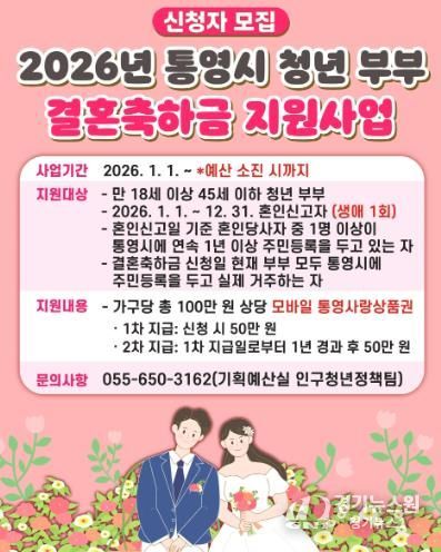 2026년 통영시 청년 부부 결혼축하금 최대 100만원 지원