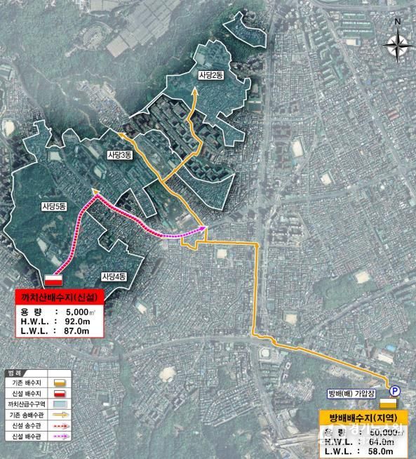 까치산배수지를 통해 수돗물을 공급받는 지역 위치도