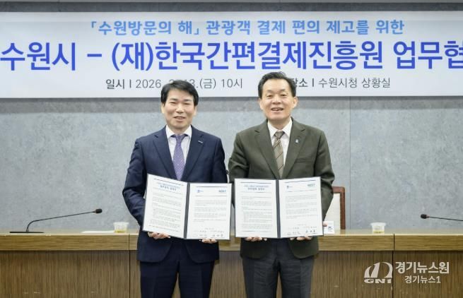 이재준 수원시장(오른쪽), (재)한국간편결제진흥원 권대수 이사장 등이 협약 체결 후 함께하고 있다.